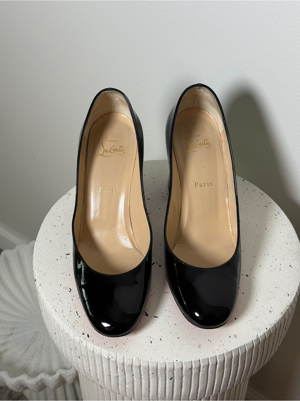 Christian Louboutin Black Patent Round Toe Block Heel Pumps with Red Sole - Picture 9 of 9